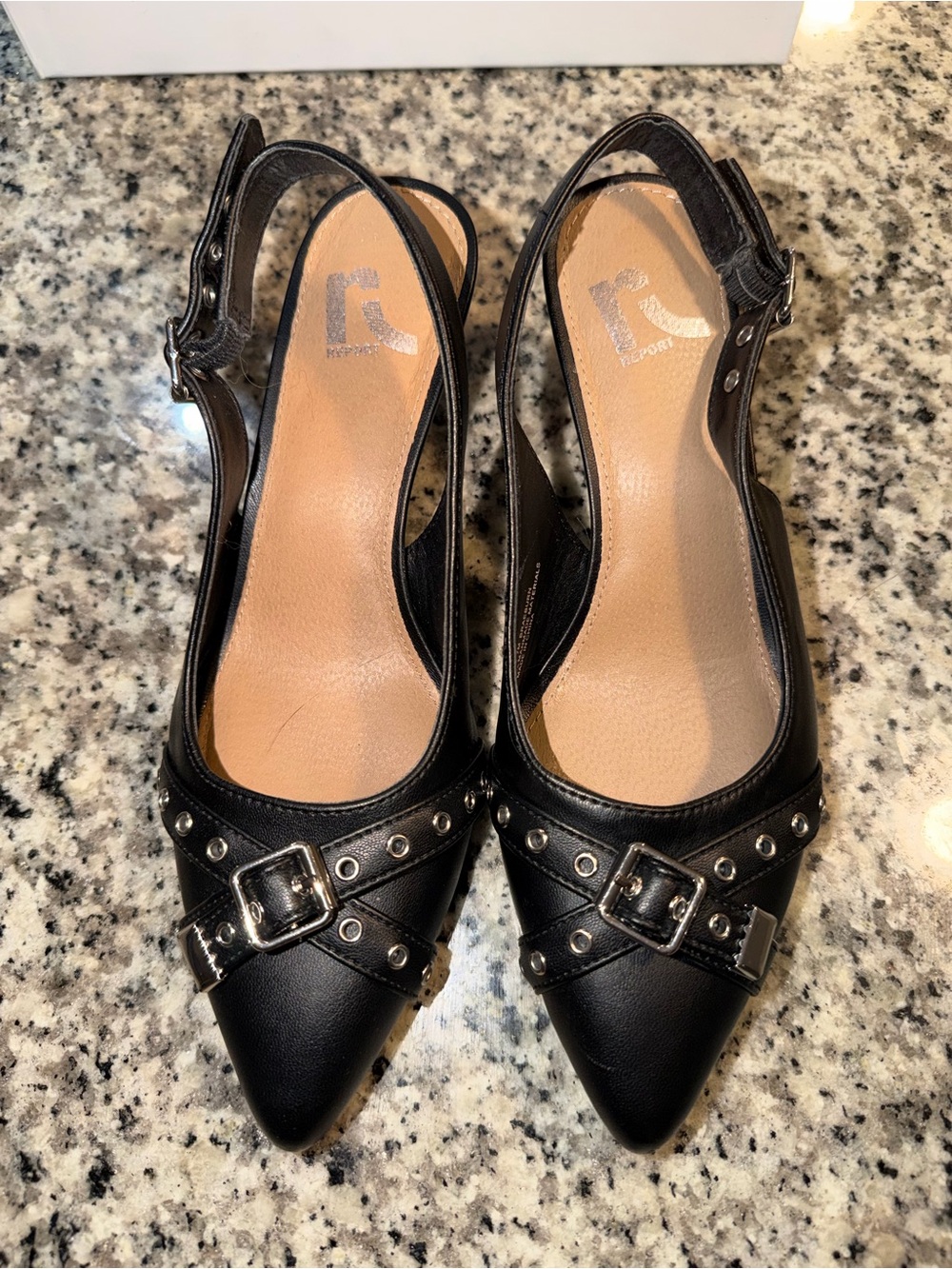 Black Studded Pointed Slingback kitten heels